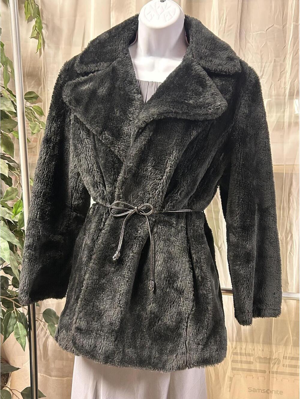 Vintage Sears Fashions Black Faux Fur Winter Coat Jacket with Belt